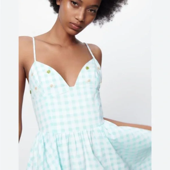 Zara Floral Beaded Gingham Fit and Flare Mini Dress SZ S NWT - Picture 2 of 7
